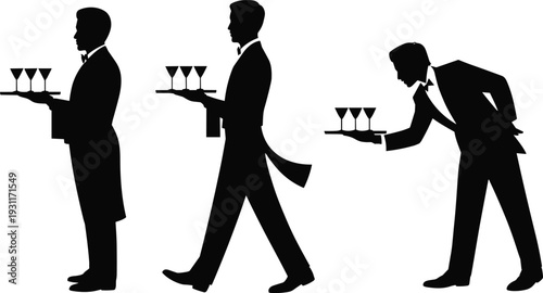 Waiter silhouettes carrying cocktail glasses on tray, professional restaurant catering staff serving drinks, hospitality service black vector illustration set