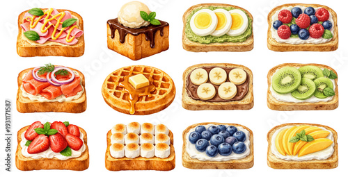A charming watercolor collection of assorted toast toppings, including fruits, eggs, salmon, chocolate spread, and marshmallows.