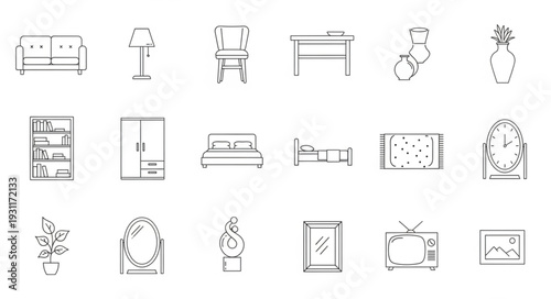 Collection of hand-drawn interior design elements and furniture sketches.
