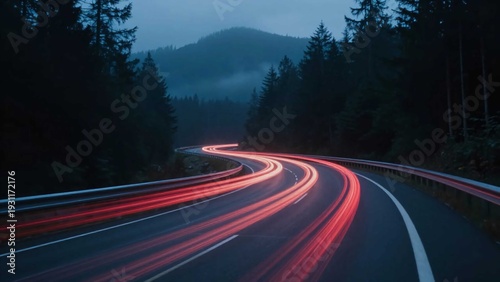 Dynamic night journey through a misty mountain pass with glowing neon light streaks and dark trees