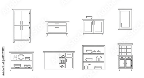 Collection of kitchen cabinet and furniture line drawings.