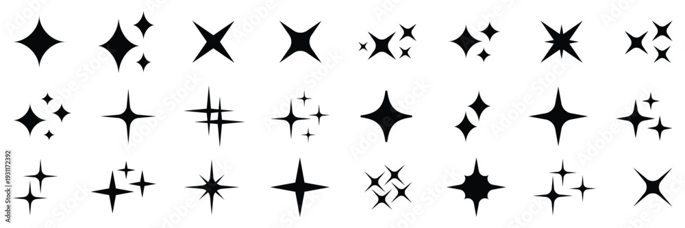 Obraz premium Abstract Twinkling Sparkle Stars Collection Set Vector. Black Sparkle Light Effect Isolated on Transparent Background. Magic Glitter Sparkle Burst Star Light Vector Illustration. 