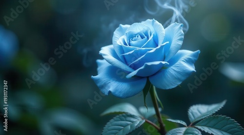 A Single Blue Rose with a Wisp of Smoke, a Serene and Mystical Floral Image