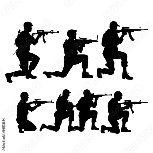Big set of kneeling female and male soldiers, army, troops silhouettes isolated on transparent background. Tactical poses, combat ready with rifles. Modern warfare, military personnel. Vector graphics