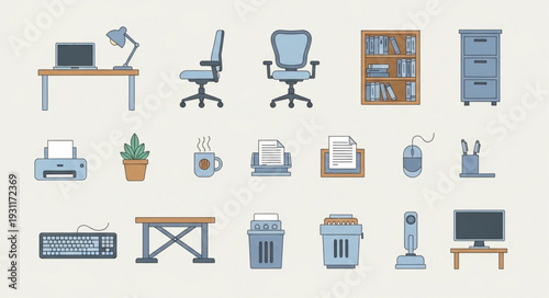 Collection of office furniture and equipment icons.