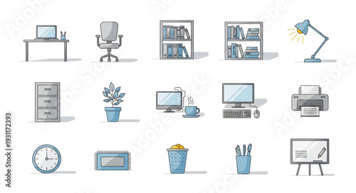 Collection of office supplies and furniture icons.