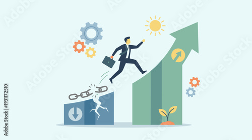 Businessman jumping from a declining graph to a rising green arrow, overcoming financial crisis and breaking chains of failure for career growth, success, and business progress concept.