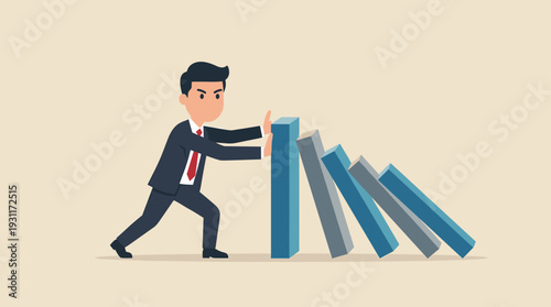 Businessman in Suit Stopping Falling Dominoes Vector Illustration, Concept of Crisis Management, Risk Prevention, and Business Stability, Professional Man Pushing Back Against Financial Collapse