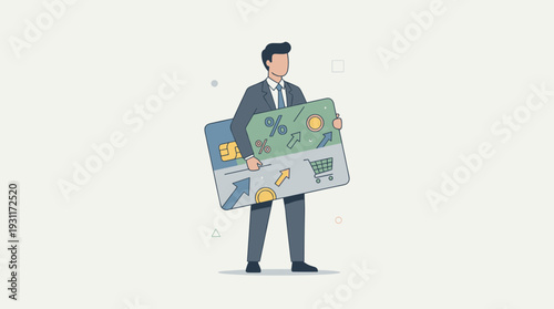 Businessman in a suit holding a giant credit card or gift card with shopping cart, percent signs, and arrows. Concept of financial rewards, cashback, discount vouchers, and consumer marketing.