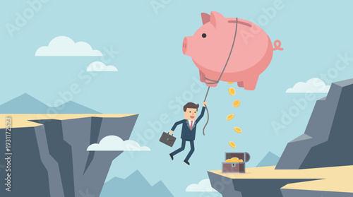 Businessman in a Suit Hanging on a Large Pink Piggy Bank Balloon Flying Across a Cliff Gap, Gold Coins Falling into a Treasure Chest, Concept of Business Saving, Financial Growth, and Risk Success.
