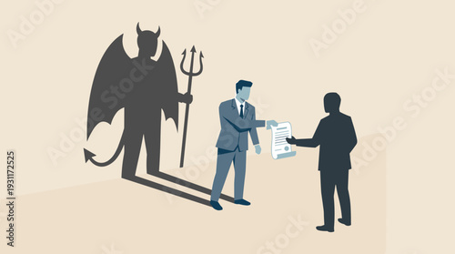 Businessman Handing a Contract to a Customer While His Shadow Reveals His True Nature as a Devil with Horns and a Pitchfork, Symbolizing a Bad Deal, Deception, Fraud, and Hidden Evil Agendas.
