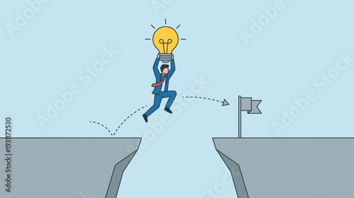 Businessman jumping over a cliff gap holding a glowing lightbulb idea. Creative solution to achieve goals and solve problems. Concept of innovation, success, and overcoming business challenges.
