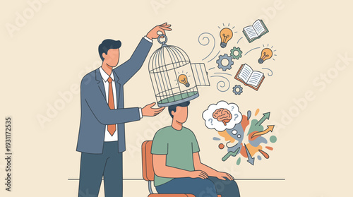 Businessman Lifting a Birdcage from a Man's Head to Release Creative Ideas and Knowledge. Concept of Mental Freedom, Unlocking Potential, Education, and Innovation with Lightbulbs and Books.