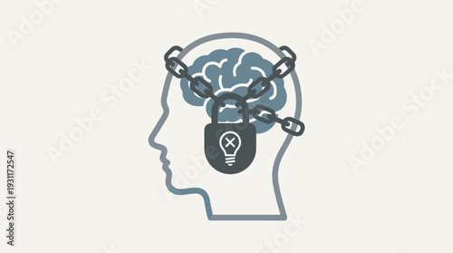 Conceptual Illustration of a Fixed Mindset and Mental Block Featuring a Human Head with a Brain Wrapped in Chains and Secured by a Padlock with a Crossed-Out Lightbulb Icon for Restricted Ideas.