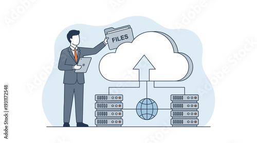 Businessman managing digital files and data storage in cloud computing network, internet hosting service concept with servers and global connection for information management and backup system