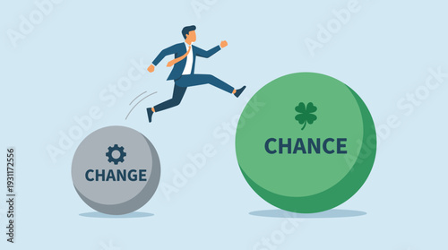 Businessman Jumping from Change to Chance Sphere Vector Illustration. Concept of Seizing Opportunity, Career Growth, Risk Management, and Positive Transformation in a Corporate Environment.