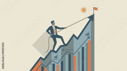 Businessman Climbing a Steep Bar Graph with a Rope to Reach the Top Flag, Conceptual Vector Illustration Representing Business Growth, Motivation, Success, Career Achievement, and Ambition.