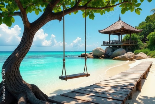 Tranquil Seascape Wooden Swing Hanging from a Tree near a Gazebo on a Pristine Beach