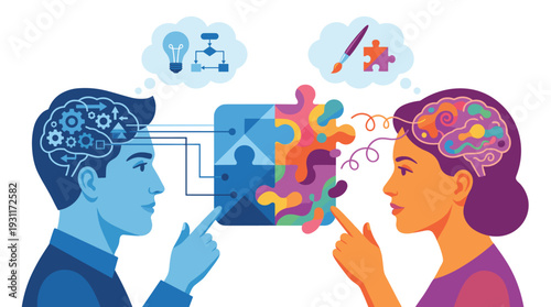 Diverse problem solving concept with male and female mind types, logical thinking vs creative intuition, brain functions, cognitive psychology, puzzle pieces, and analytical vs artistic ideas.