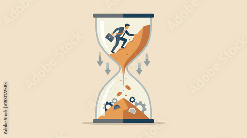 Businessman climbing up sand in an hourglass as time runs out, representing deadline pressure, time management, productivity, and the concept of time is money in a professional career.