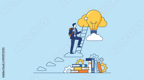 Businessman Climbing Ladder to Reach Giant Lightbulb Idea on Cloud, Concept of Career Growth, Success, Innovation, Education, and Ambition with Books and Gears, Flat Vector Illustration Design