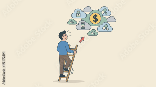 Healthcare Costs and Medical Insurance Concept with Man on a Short Ladder Unable to Reach Expensive Medicine and Drugs. Financial Burden of Healthcare and High Price of Treatment Illustration.