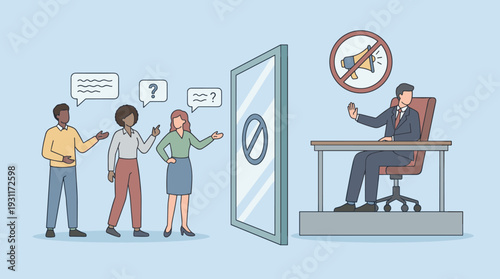 Workplace Censorship and Inequality Concept with Employees Silenced by a Glass Barrier from a Boss Who Refuses to Listen, Highlighting Communication Barriers and Lack of Freedom of Speech.
