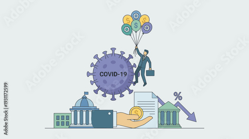 Vector Illustration of COVID-19 Pandemic Impact on Global Economy and Business Recovery with Government Stimulus Packages, Banking Support, Financial Aid, and Market Volatility During Crisis