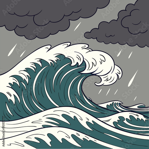 Dramatic Stormy Sea Waves Under Dark Cloudy Sky