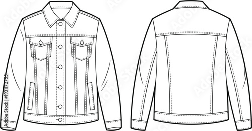 Denim trucker jacket CAD drawing, front and back view technical fashion flat vector illustration template for apparel production