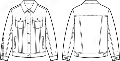 Detailed denim jacket CAD drawing, front and back view technical fashion flat vector illustration template for clothing design