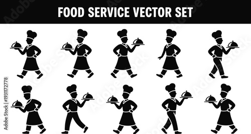 Food service vector set, chef and waitress silhouettes carrying cloche tray, restaurant catering staff walking black uniform illustration collection