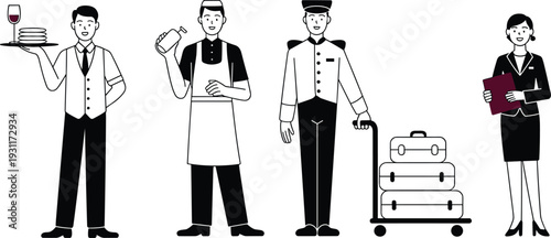 Hotel and restaurant staff illustration set, waiter, bartender, bellboy with luggage cart and receptionist isolated flat vector collection