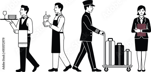 Hotel and restaurant staff vector set, waiter, barista, bellboy with luggage cart and receptionist isolated flat illustration collection
