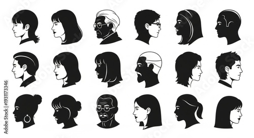 Diverse group of people profile silhouettes in black and white.