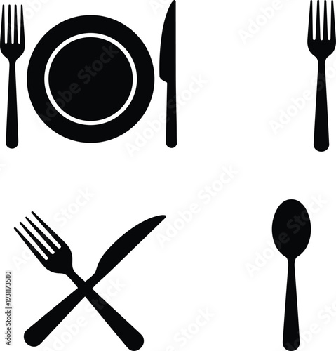 Restaurant tableware icon set, plate with fork and knife, spoon and crossed cutlery black silhouette vector