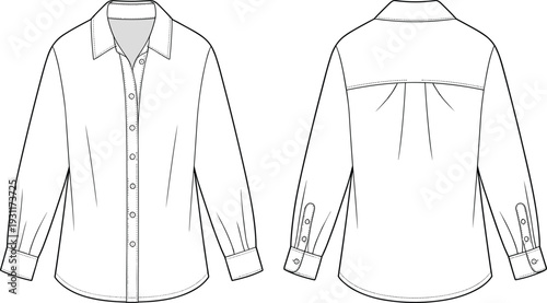 Women long sleeve button down shirt CAD drawing, front and back view technical fashion flat vector illustration