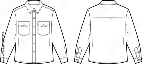 Men long sleeve flap pocket shirt CAD drawing, front and back view technical fashion flat vector illustration template