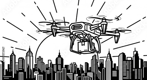 Modern drone delivering package over city skyline illustration.