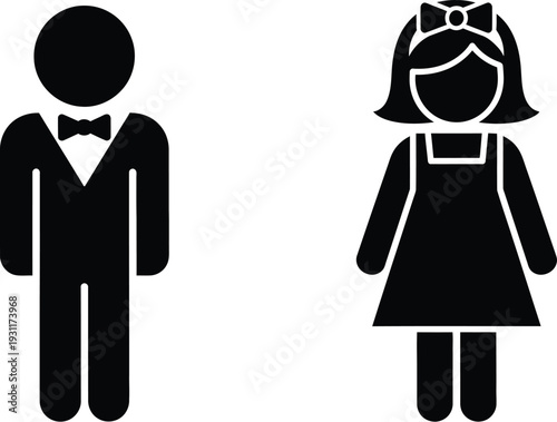 Stylized black male and female icons with formal attire represent gender, restrooms, or wedding participants for various events.