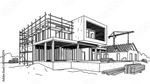 Modern house construction blueprint sketch with scaffolding and crane.
