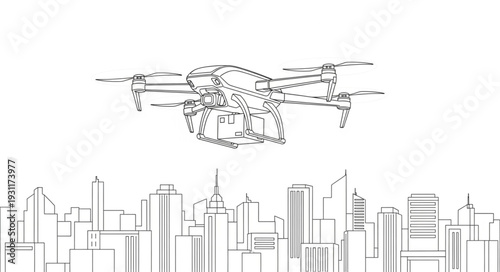 Modern drone flying over city skyline illustration.