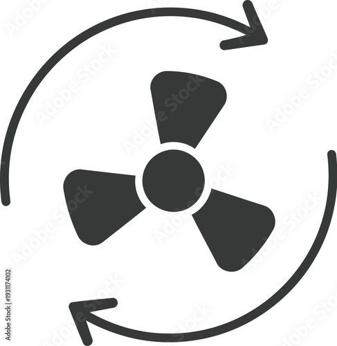 A three-bladed ventilation fan rotates within two curved arrows indicating continuous circulation and airflow movement.
