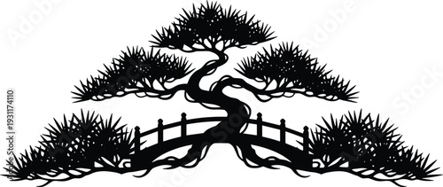 Black silhouette of a traditional Japanese bonsai tree growing over a wooden bridge for zen garden landscape design oriental art and nature meditation background