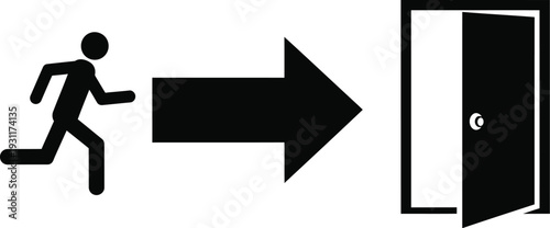 A black pictogram shows a running figure moving toward an open door indicated by a large directional arrow.