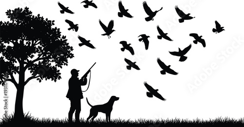 Bird Hunting Silhouette Featuring a Hunter With Shotgun Gun Dog Pointer Tree and Flying Flock of Birds in Grass Field