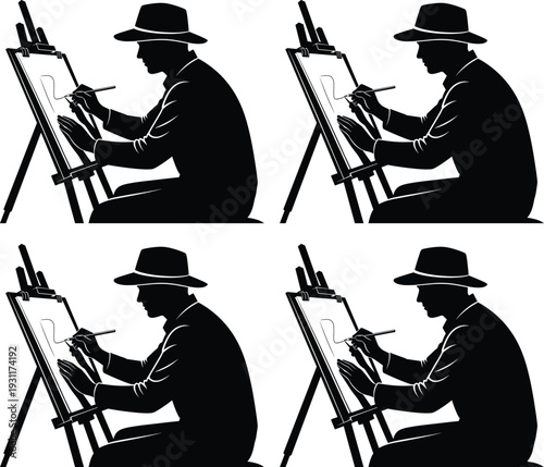 Artist silhouette illustration, painter at easel vector, creative drawing design, black outline art, artistic sketch graphic, decorative studio scene