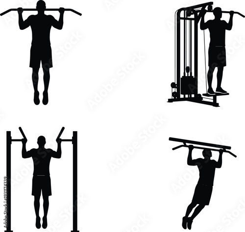 Black silhouette vector set of male athletes performing pull ups and chin ups on horizontal bars and gym machines for fitness training workout and bodybuilding