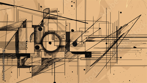 幾何学線と構成図の抽象デザイン　設計図・製図風のテクニカル背景イラスト