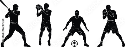 Black silhouette vector set of male athletes featuring professional baseball player basketball player soccer player and boxer for sports branding competition and fitness logo